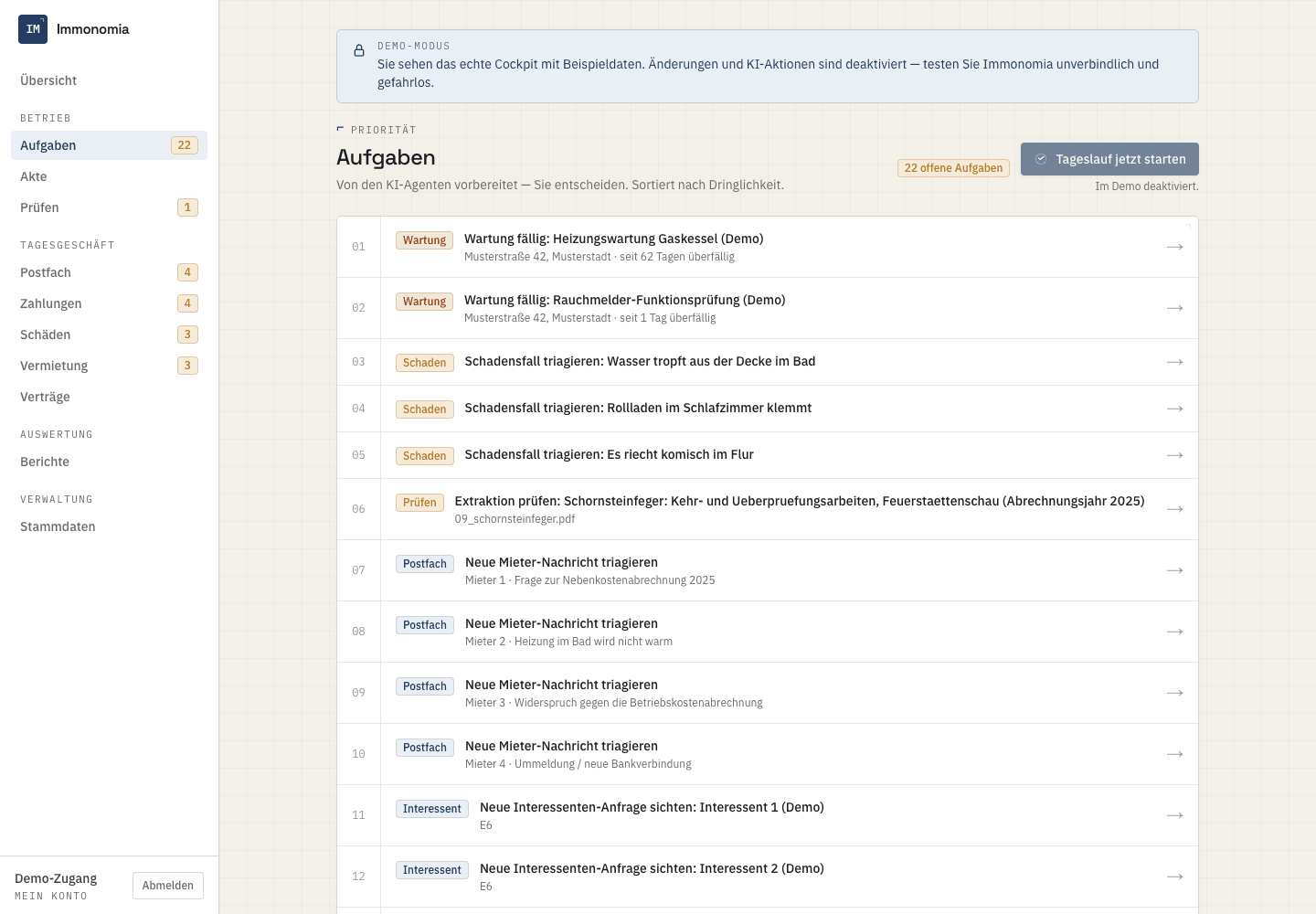 Priorisierte Aufgaben-Inbox von Immonomia mit anonymisierten Beispieldaten